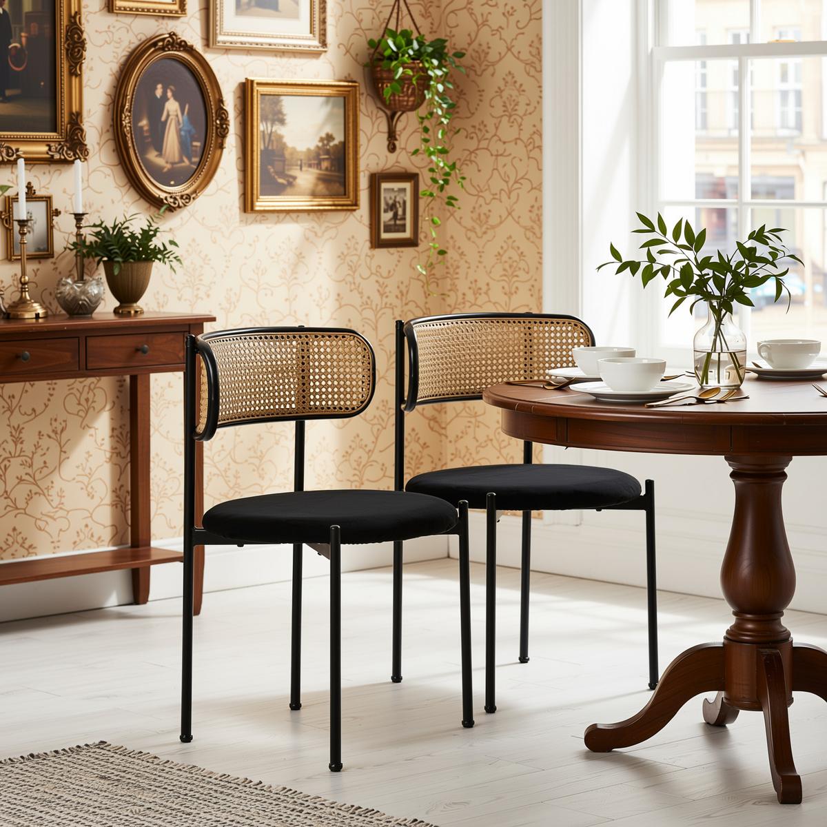ESSZIMMERSTUHL Set 2er Schwarz Samt & Rattan Polsterstuhl mit Metallbeinen - Schwarz, Textil (51/75/51cm) - Urban Meuble