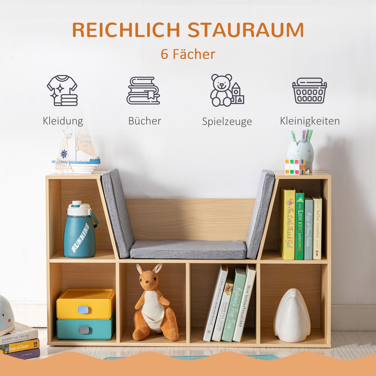 KINDERREGAL 2-in-1 Eckregal mit 6 Fächern Kindersitzbank mit Kissen Grau - Hellbraun/Naturfarben, Holzwerkstoff/Textil (30/62/103cm) - HOMCOM