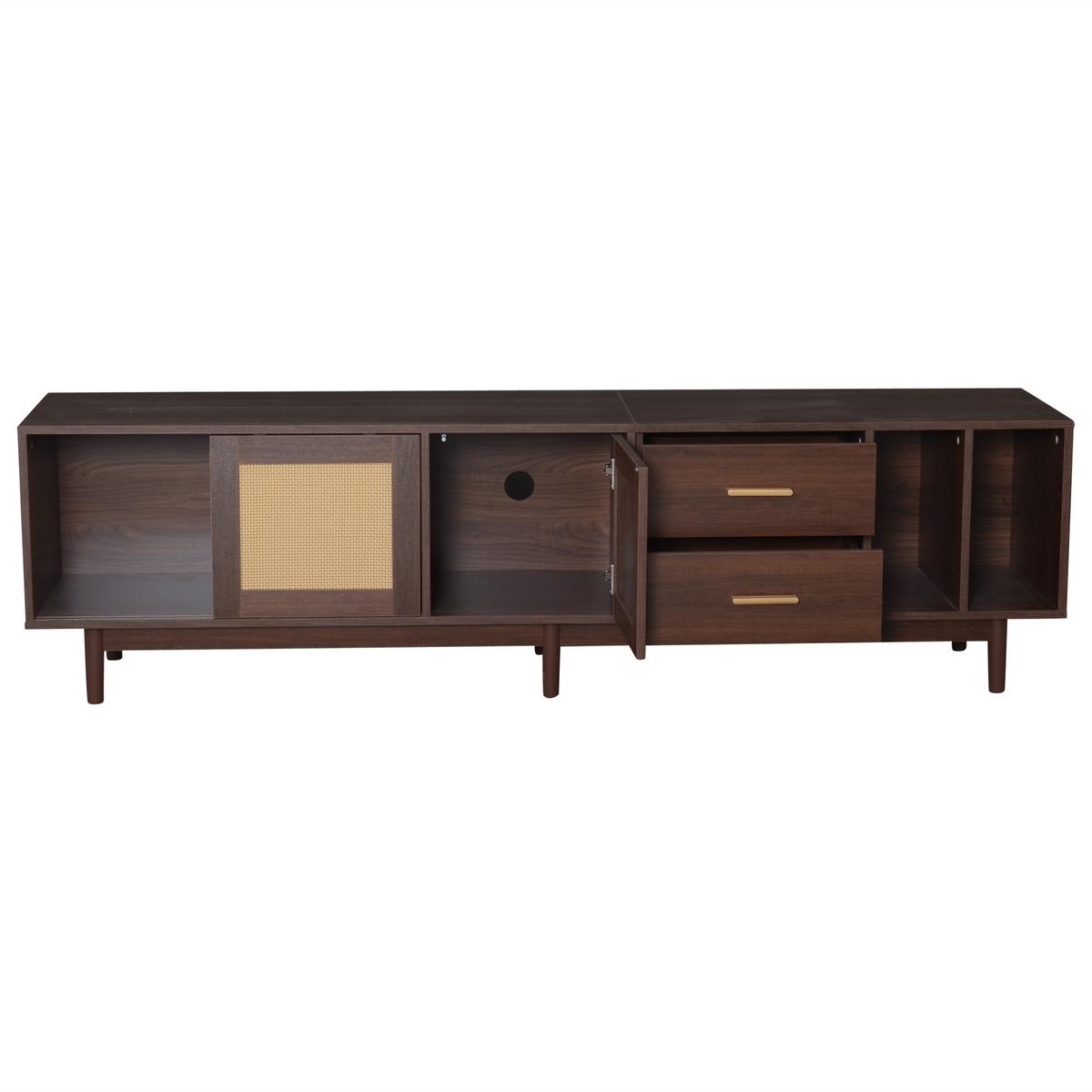 TV-SCHRANK 190 cm Braun & Rattan mit Schiebetüren, 2 Schubladen & 6 Füßen im Retro-Design - Braun, Holzwerkstoff (190/52/40cm) - Urban Meuble