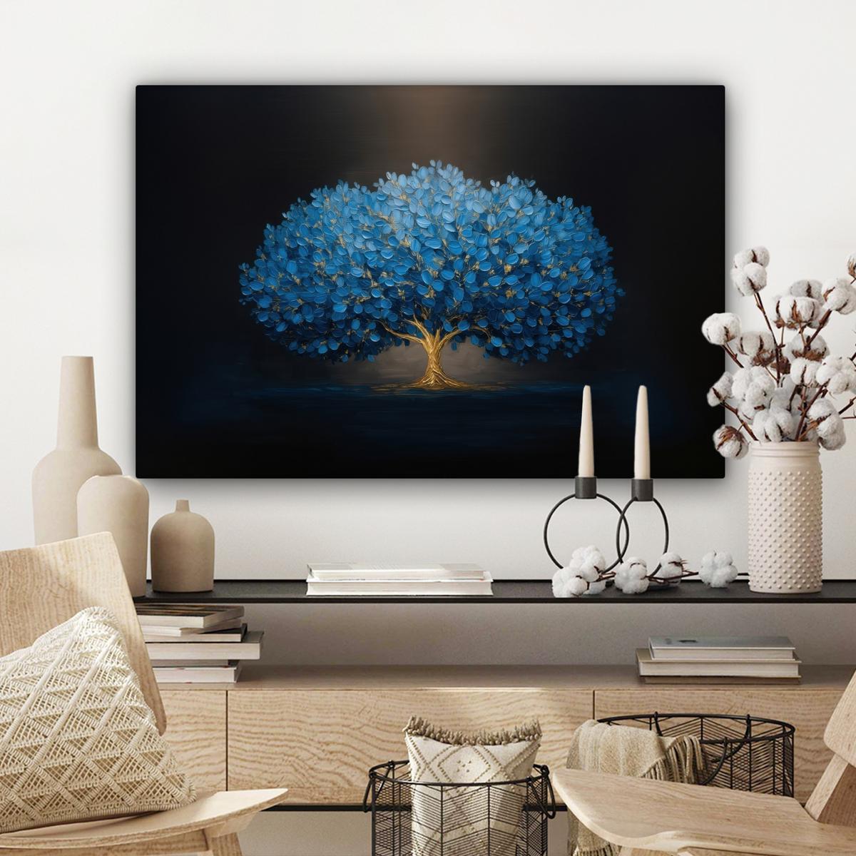 LEINWANDBILD Baum - Blau - Blätter - Pinselstriche Wanddeko 90x60 cm - Blau, Textil (90/60cm) - MuchoWow