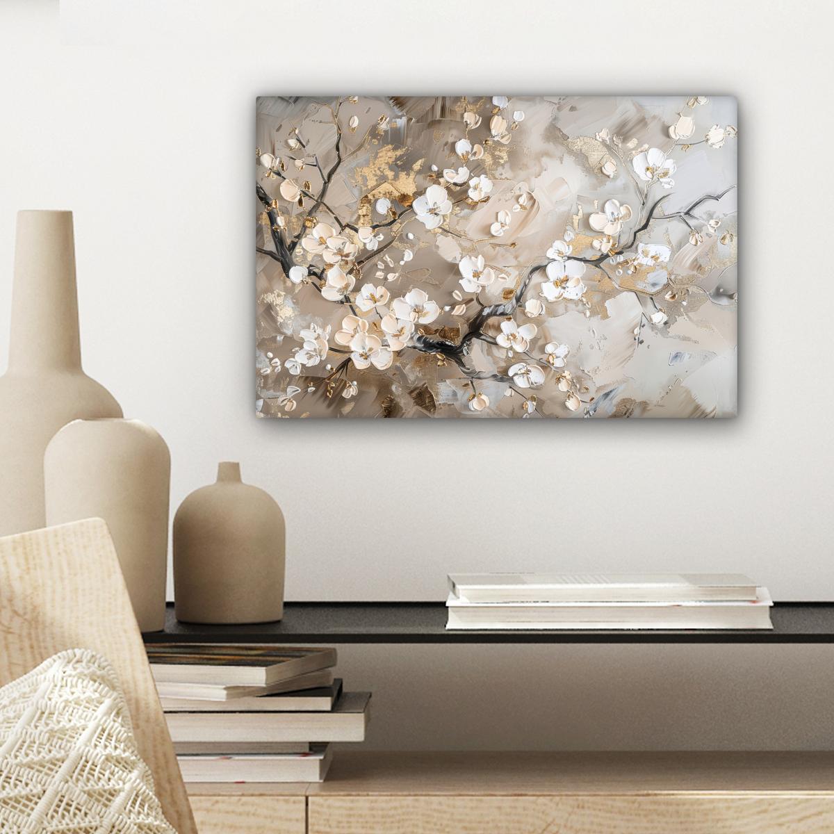 LEINWANDBILD Blumen - Weiß - Gold - Beige - Luxus Deko Schlafzimmer 30x20 cm - Greige, Textil (30/20cm) - MuchoWow