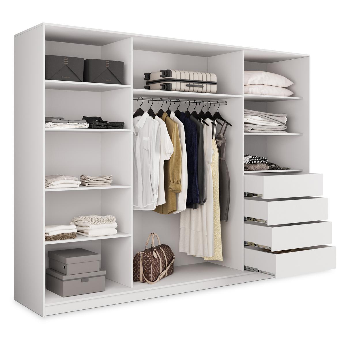 SCHWEBETÜRENSCHRANK PINA 250/205/58 cm 3-türig mit Spiegel und Schubladen Weiß - Silberfarben/Weiß, Holzwerkstoff (250/205/58cm) - MASSENO