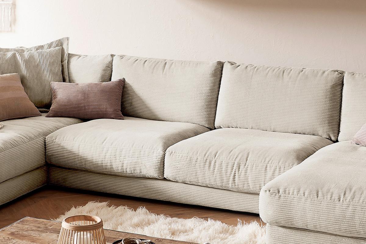 WOHNLANDSCHAFT MADELINE Cremeweiß Cord - Creme/Schwarz, Kunststoff/Textil (425/86/224cm) - KAWOLA