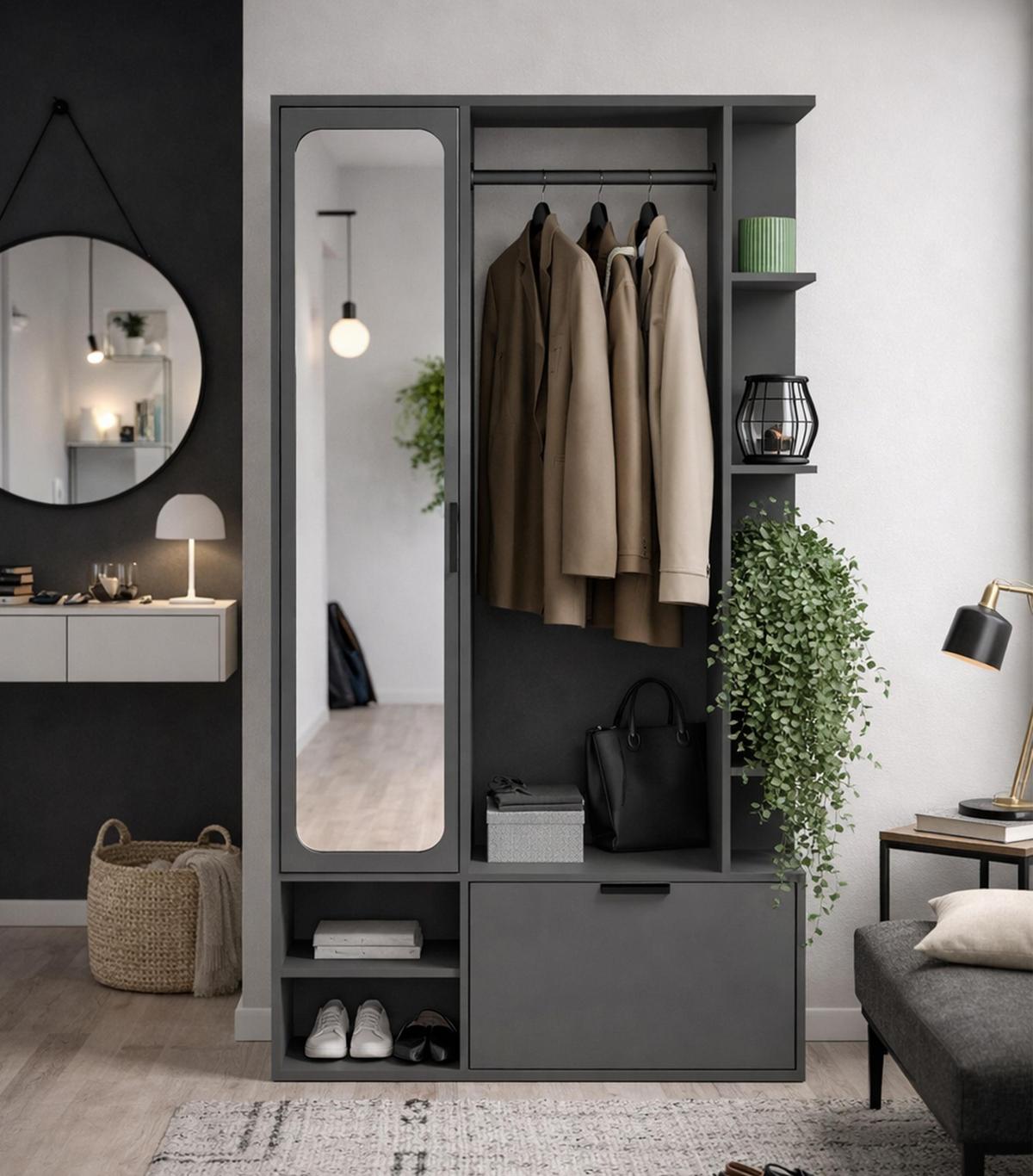 GARDEROBENSCHRANK Nemrut Grau 100/189/33 cm – Modern, mit Spiegel und viel Stauraum - Grau, Holzwerkstoff/Kunststoff (100/189.4/33cm) - AX Living