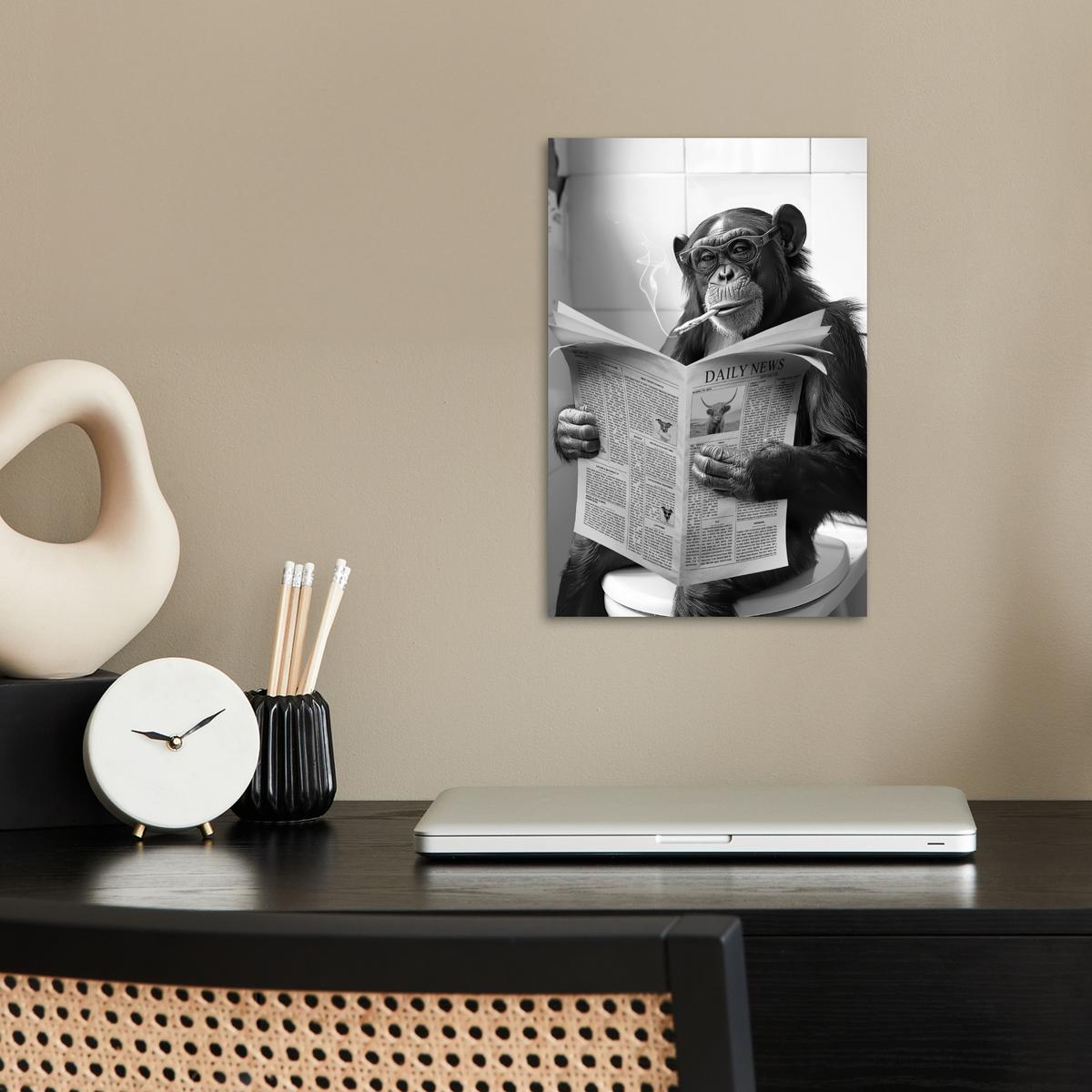 POSTER Affe - WC - Zeitung - Schwarz-Weiß - Humor Room Decor 20x30 cm - Hellgrau, Papier (20/30/0.1cm) - MuchoWow