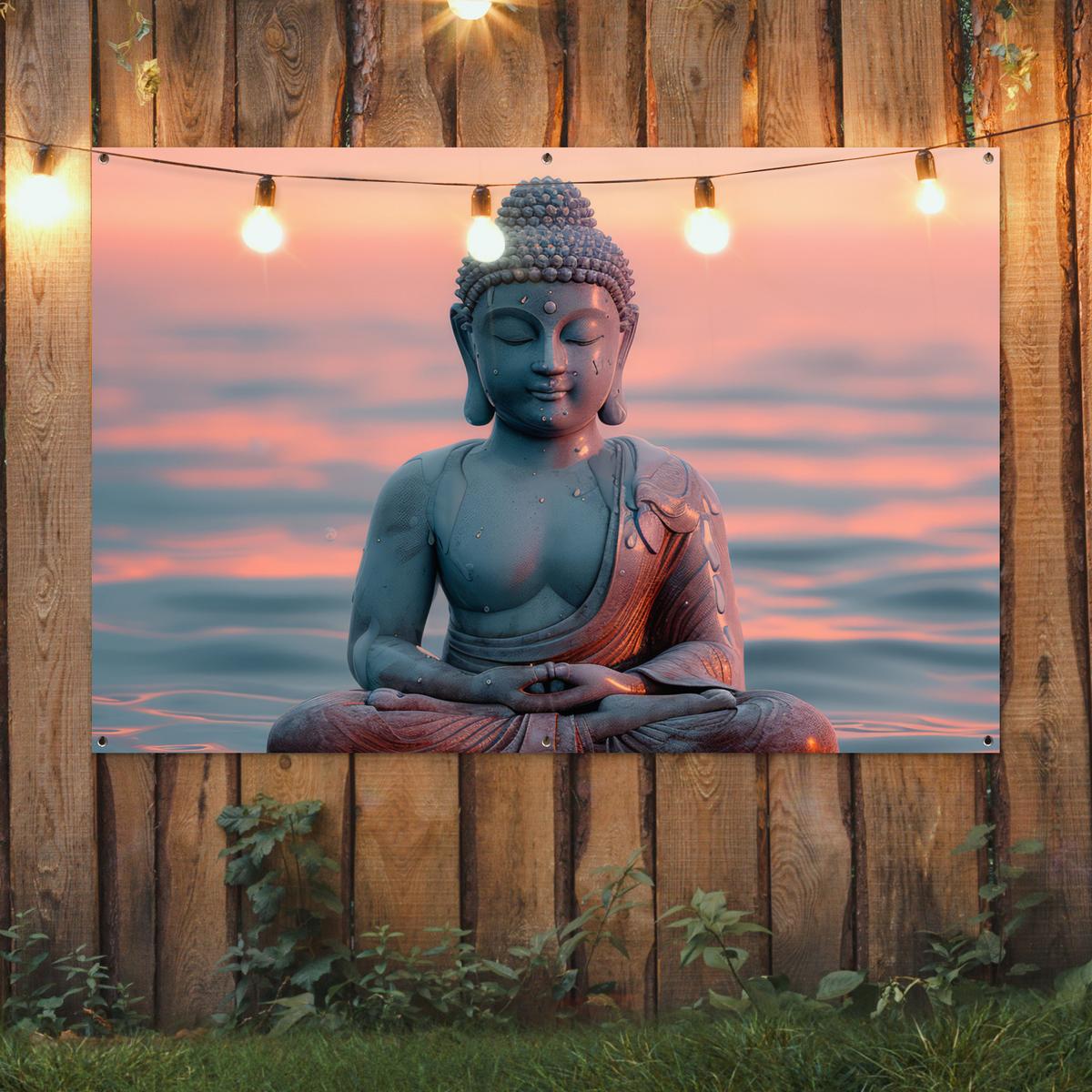 GARTENPOSTER Buddha - Statue - Buddha - Wasser - Kunst - Buddha Poster für draußen 180x120 cm - Blaugrau, Kunststoff (180/120/0.2cm) - OnlyWow