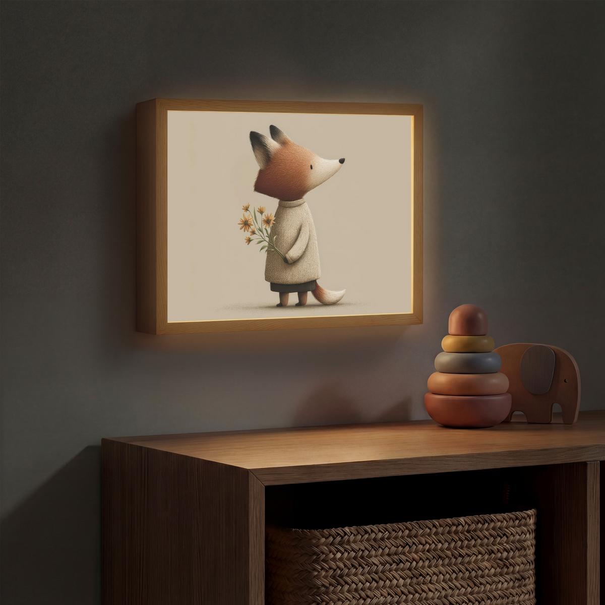 WANDLEUCHTE MIT AKKU Fuchs - Gelbe Blumen - Minimalistisch 40x30 cm - Taupe, Holzwerkstoff (40/30/8cm) - OnlyWow