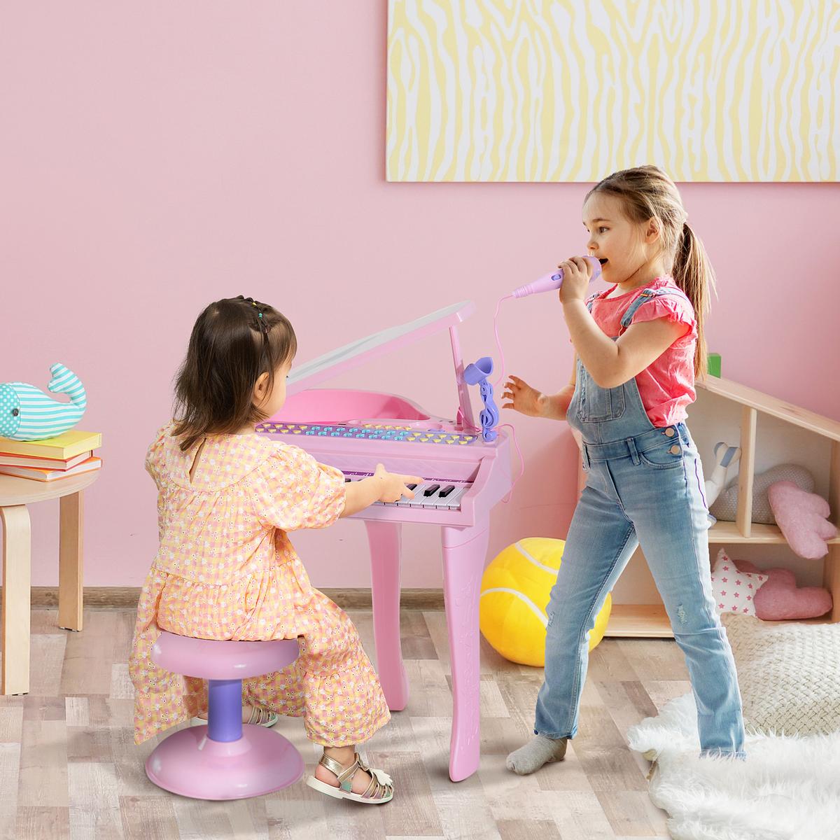 KINDER Klavier Piano Keyboard Musikinstrument MP3 USB 37 Tasten mit Hocker - Rosa, Kunststoff (39/69/48cm) - HOMCOM