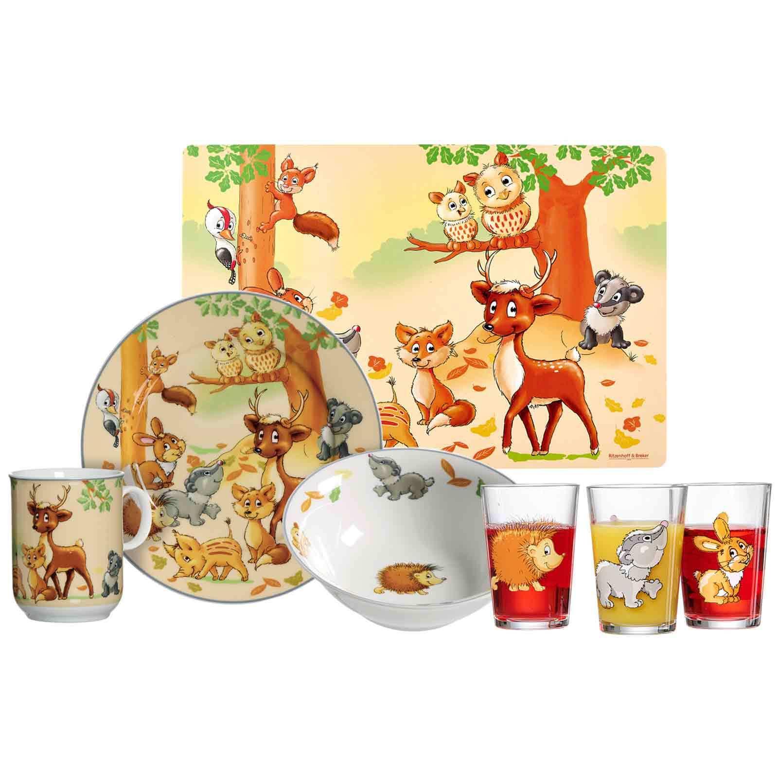 GESCHIRR-SET MIT KINDERBECHER Waldtiere bunt 7-tlg. - Multicolor, Keramik/Kunststoff (2/2/2cm) - Ritzenhoff Breker