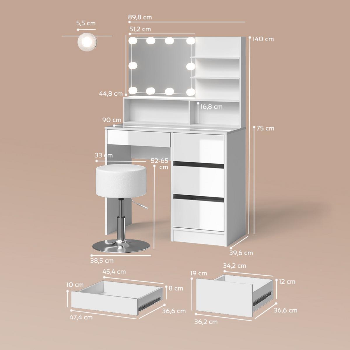 SCHMINKTISCH Imola Weiß mit LED Beleuchtung, Hocker und Spiegelregal - Weiß, Holzwerkstoff (90/75/40cm) - Livinity®