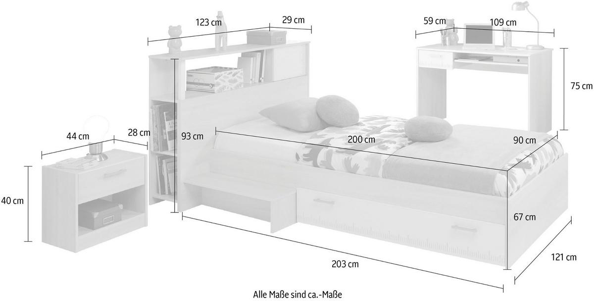 KINDERZIMMER Set 4-tlg Schreibtisch Nachttisch Stauraumbett 90 x 200 cm - Silberfarben/Weiß, Holzwerkstoff/Kunststoff (220/93/123cm) - Parisot Meuble
