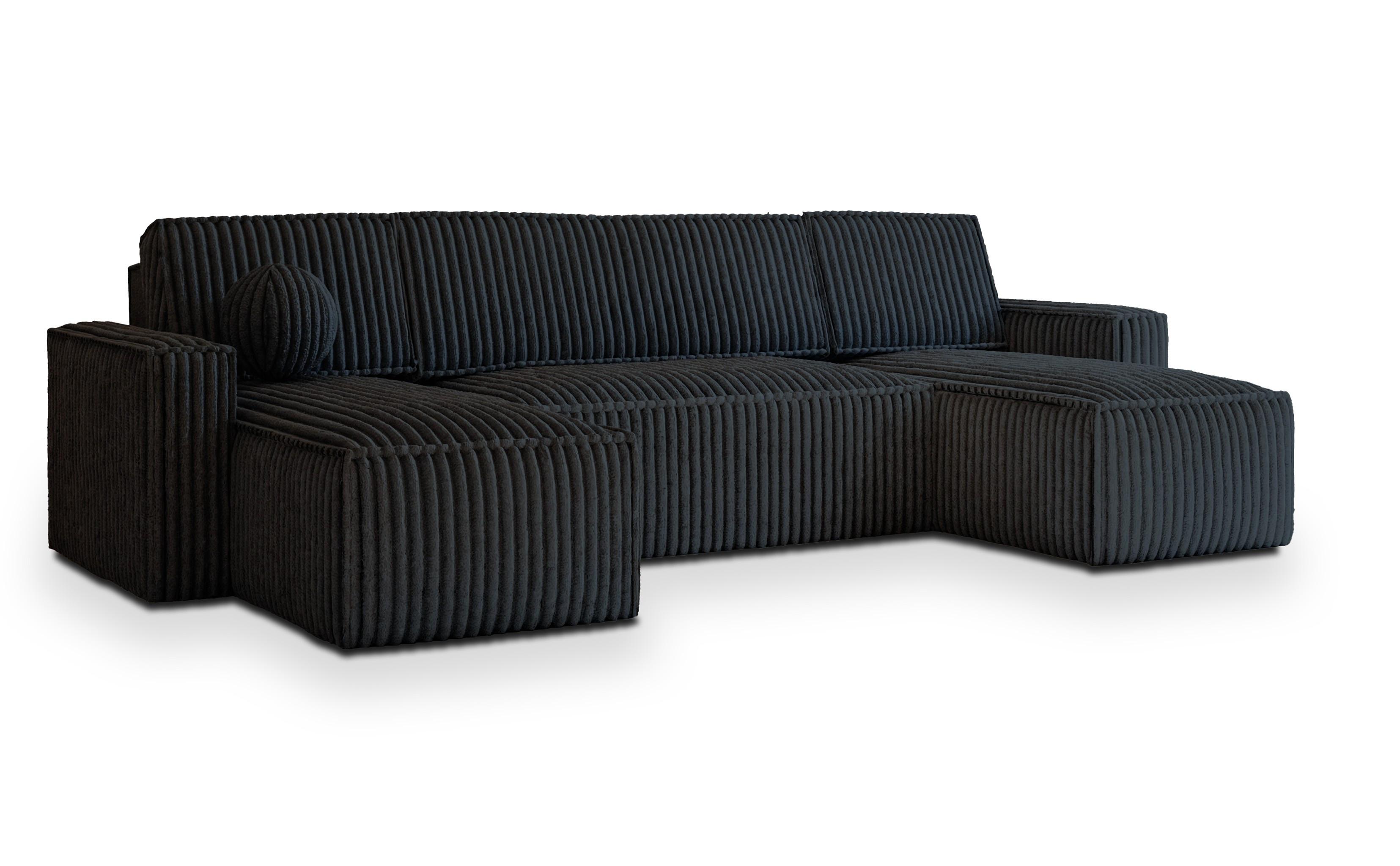 WOHNLANDSCHAFT PESANO T Schwarz Kordstoff mit Schlaffunktion - Schwarz/Grau, Holz/Kunststoff (306/85/140cm) - MASSENO