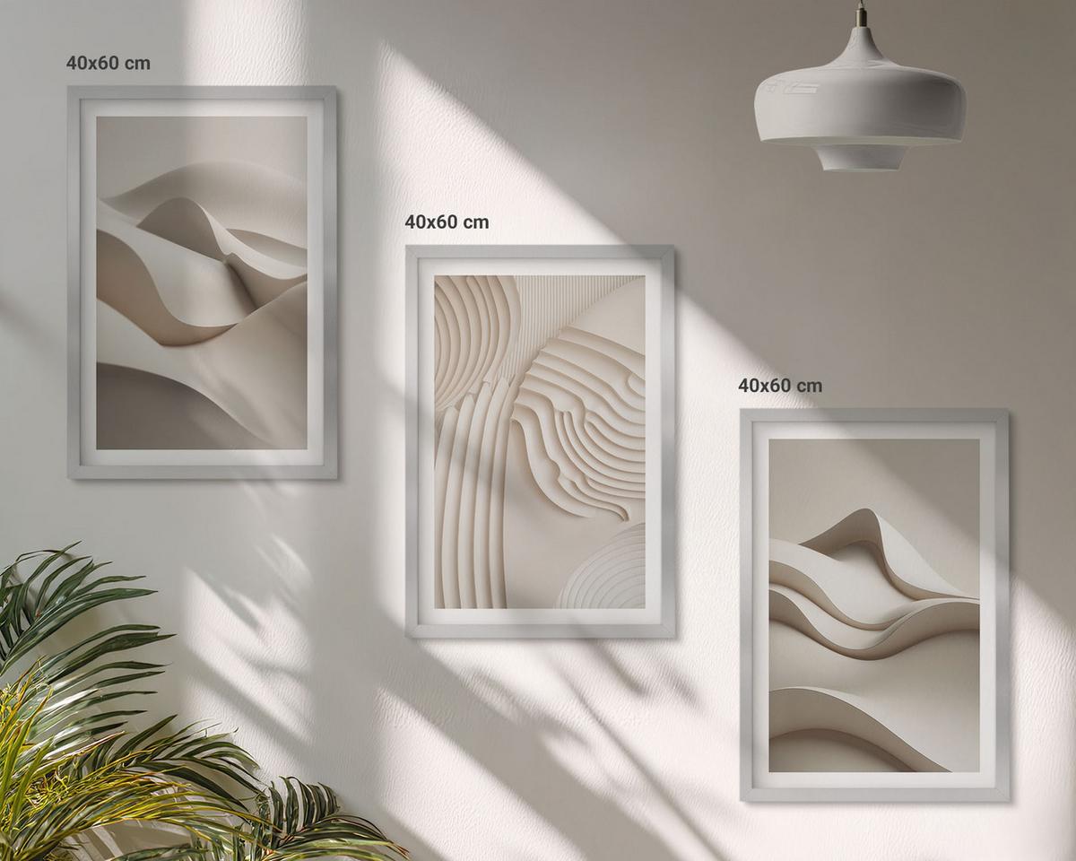 BILDER SET 3er Set - 40x60 cm Silberner Rahmen - Abstrakte beige Wellen - Silberfarben, Kunststoff (40/60cm) - TULUP