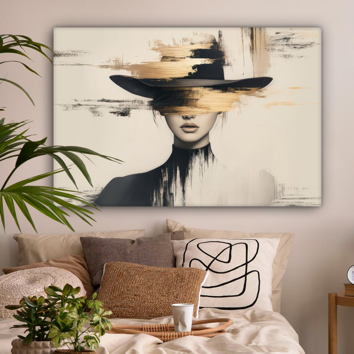 LEINWANDBILD Frau - Hut - Farbe Wohnzimmer Groß 120x80 cm - Goldfarben, Textil (120/80cm) - MuchoWow
