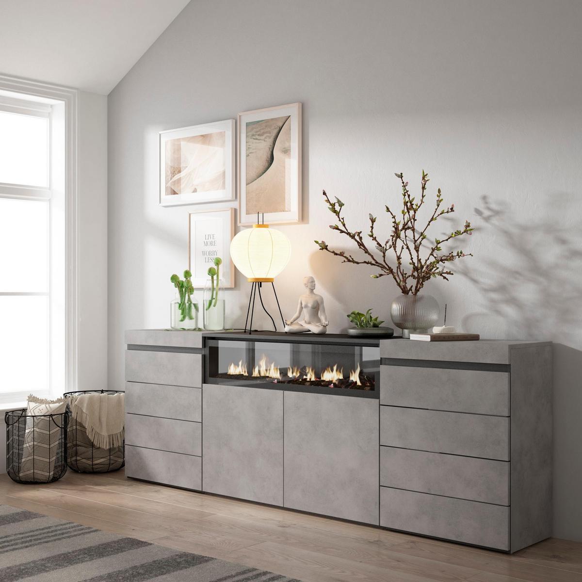 KOMMODE mit Schubladen, Elektrokamin, zementgrau, 214/35/75cm - Grau, Holzwerkstoff (214/75/35cm) - Skraut Home