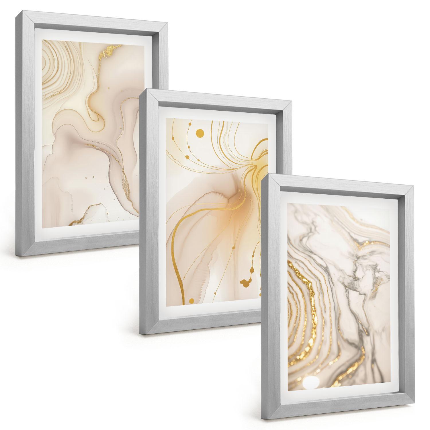 BILDER SET 3er Set - 20x30 cm Silberner Rahmen - Subtile abstrakte Muster - Silberfarben, Kunststoff (20/30cm) - TULUP
