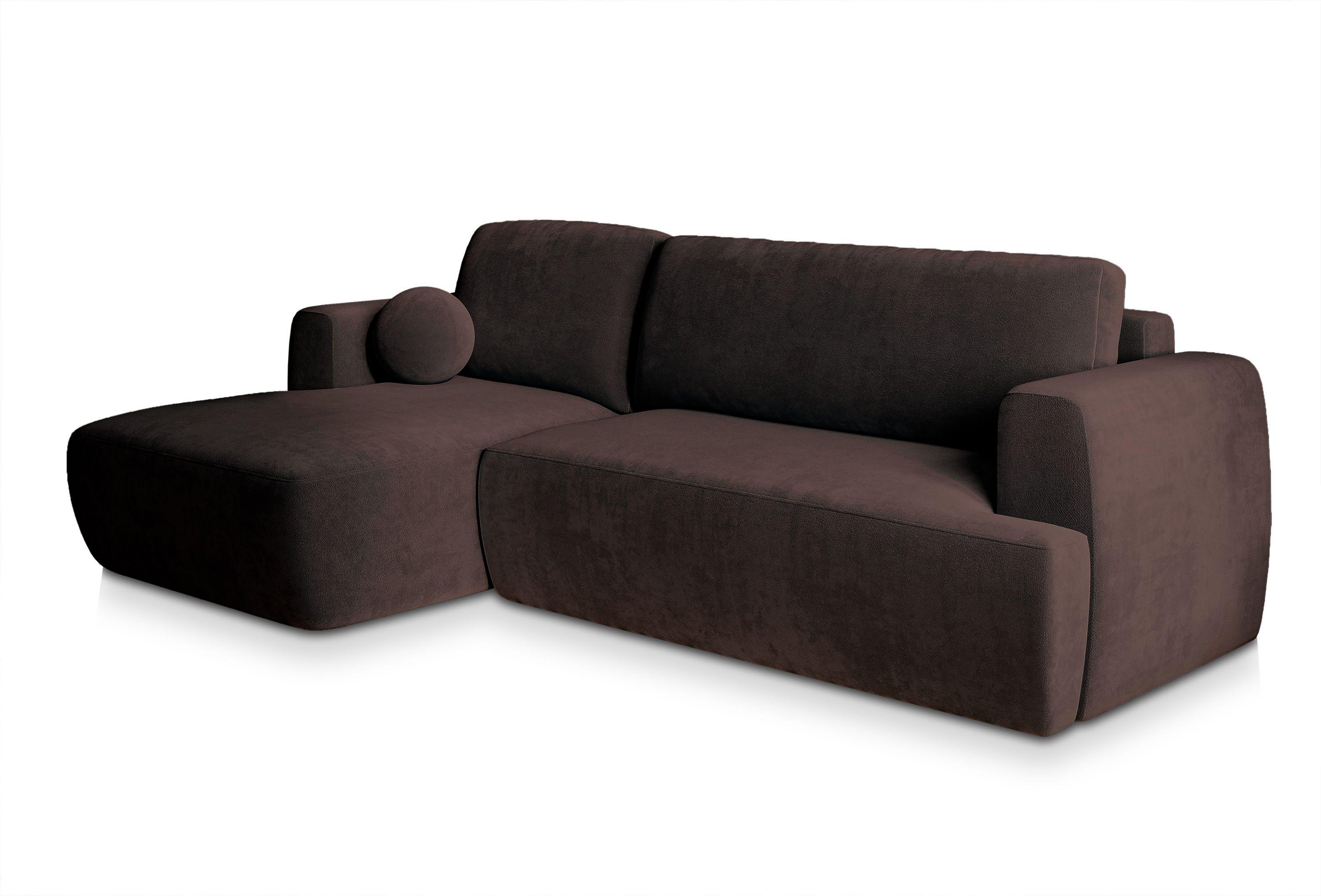 ECKSOFA SENTI K L-S Braun Plüsch-Stoff mit Schlaffunktion - Schwarz/Braun, Holz/Kunststoff (246/148cm) - MASSENO