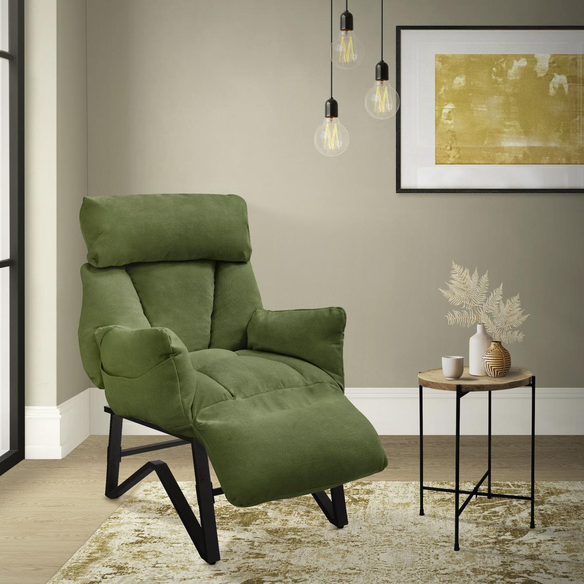 SESSEL mit Liegefunktion Grün Leinenbezug Relaxsessel verstellbar für Wohnzimmer - Schwarz/Grün, Textil/Metall (85/102/82cm) - ML-DESIGN