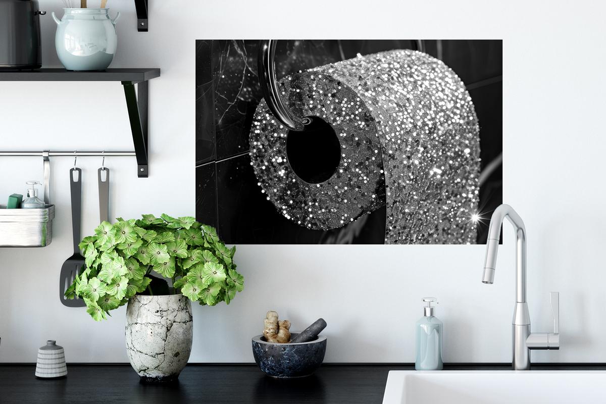WANDTATTOO WC - Toilettenpapier - Schwarz und weiß - Glitter Deko Wohnzimmer 60x40 cm - Silberfarben, Kunststoff (60/40/0.1cm) - MuchoWow