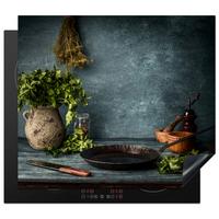 HERDABDECKPLATTE Kräuter - Gewürze - Pfanne - Messer - Grau - Rustikal Ceranfeldabdeckung 59x52 cm - Petrol, Kunststoff (59/52/0.2cm) - MuchoWow