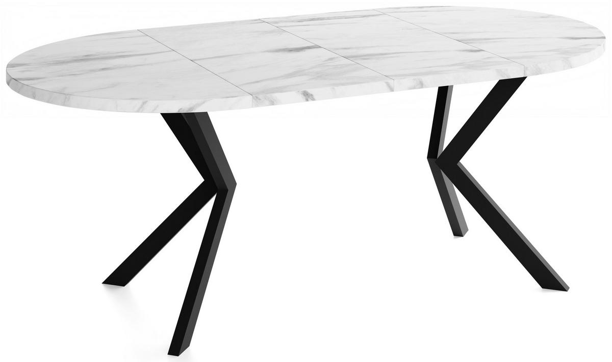 ESSTISCH Valeo runder ausziehbarer, Marmor Weiß 120-200/120/76 cm - Ecru/Schwarz, Holzwerkstoff/Metall (120/200/76cm) - WFL GROUP