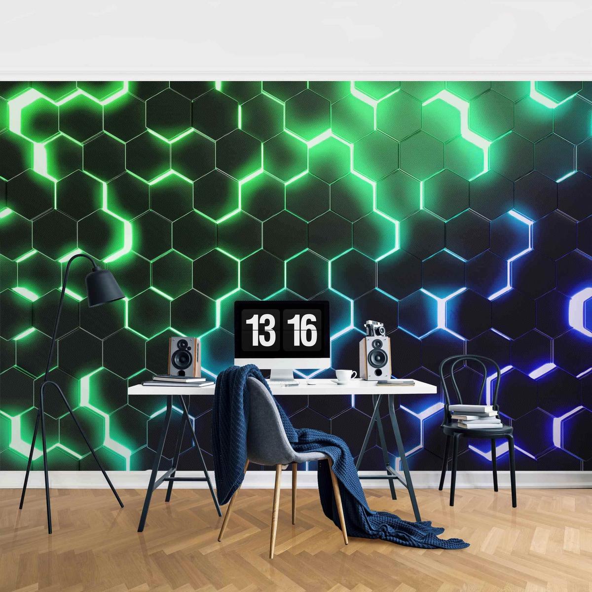 FOTOTAPETE Strukturierte Hexagone mit Neonlicht in Grün und Blau 384/255 cm - Schwarz, Papier (384/255cm) - Bilderwelten