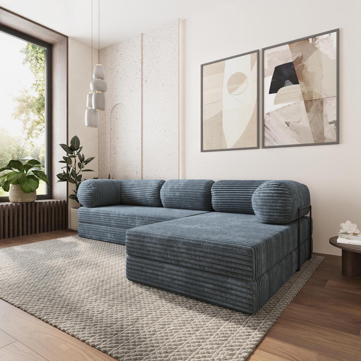 ECKSOFA ETERA modulares Boneless Sofa mit Schlaffunktion Grau Kordstoff - Blaugrau, Textil (270/160cm) - MASSENO