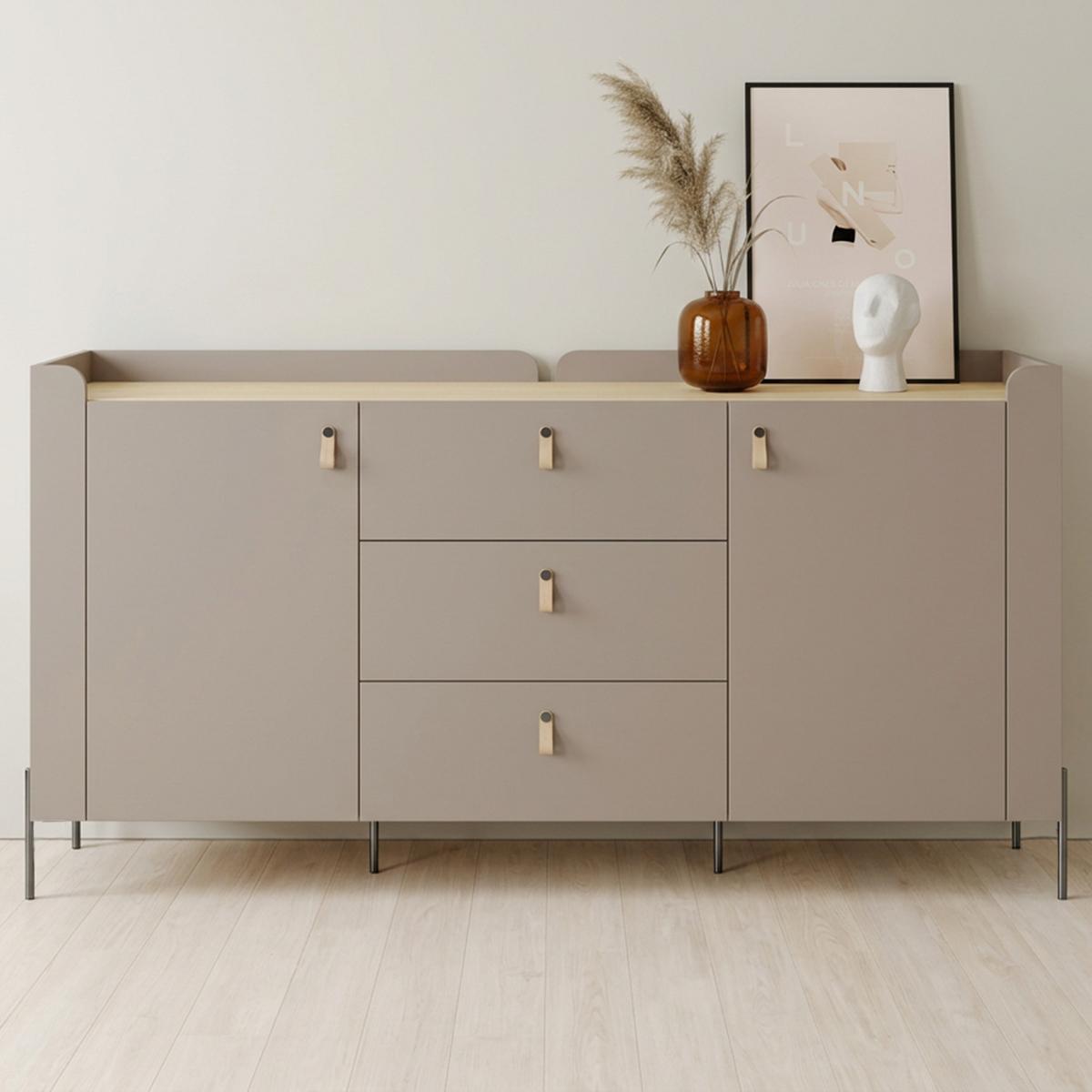 KOMMODE Sorella mit 2 Türen und 3 Schubladen, 180 cm, für Jugendzimmer, Porcini + Eiche Mavelie - Eichefarben/Cappuccino, Leder/Holzwerkstoff (180/95/42cm) - Beautysofa