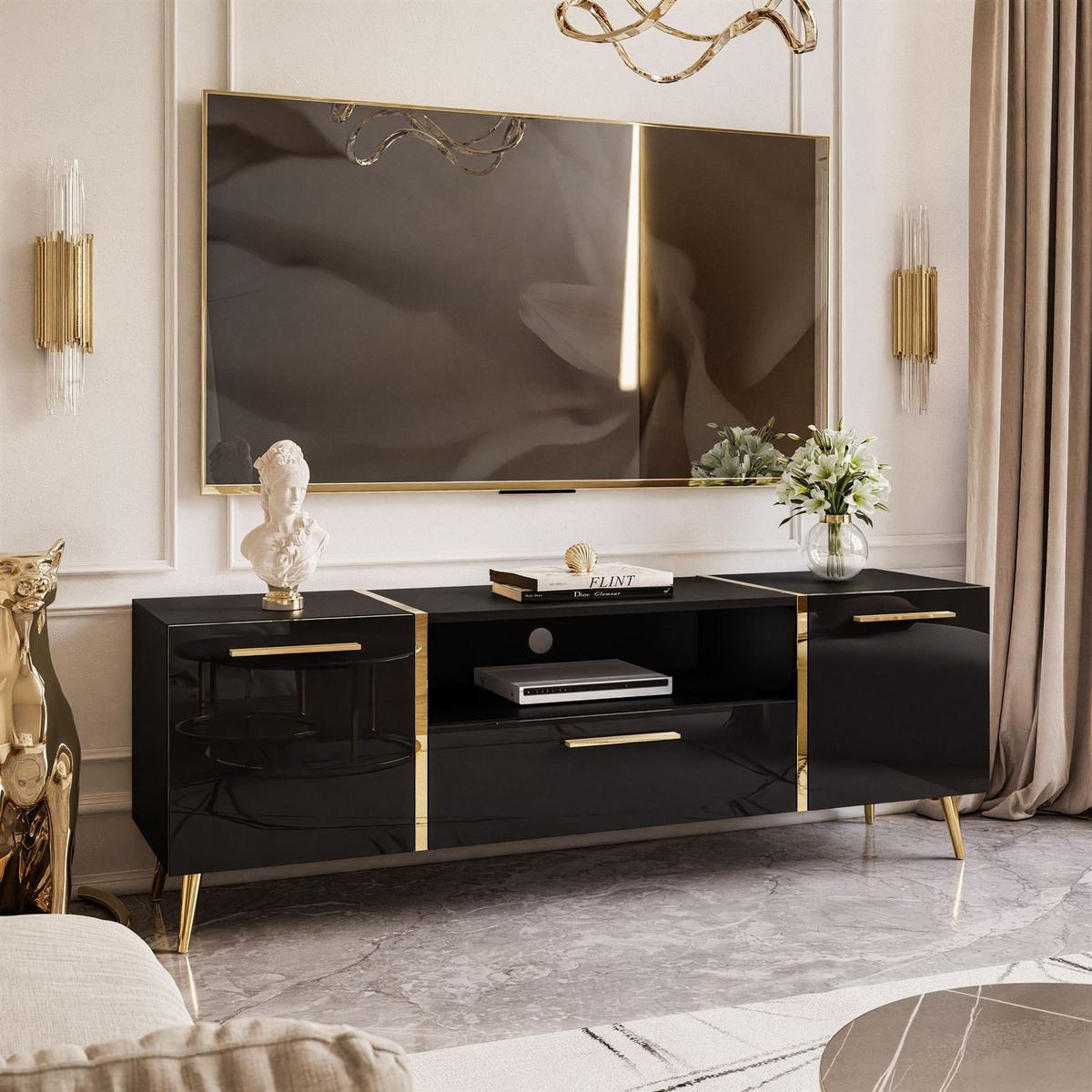 TV-ELEMENT ONYX AUF GOLDENEN BEINEN HOCHGLANZ 158 CM - Schwarz, Holzwerkstoff (158/53/41.3cm) - Lookway