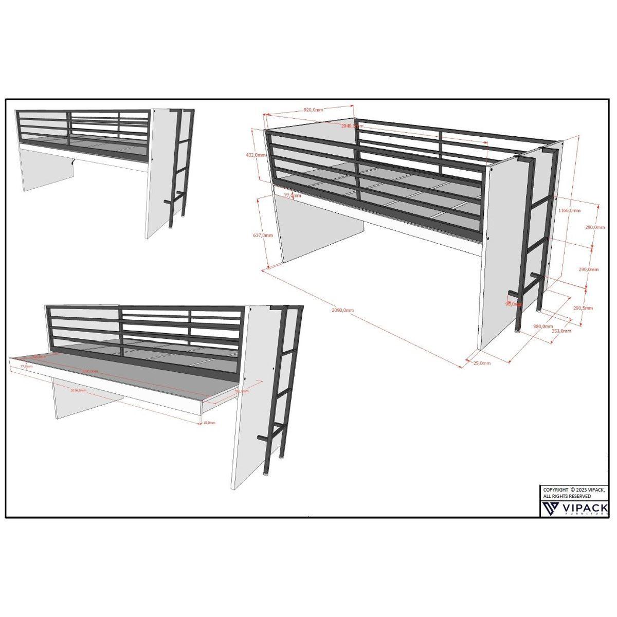 HALBHOCHBETT 90x200 Keelia Eiche mit Schreibtisch Stauraum - Eichefarben, Kunststoff (90/200cm) - 58aufmkessel
