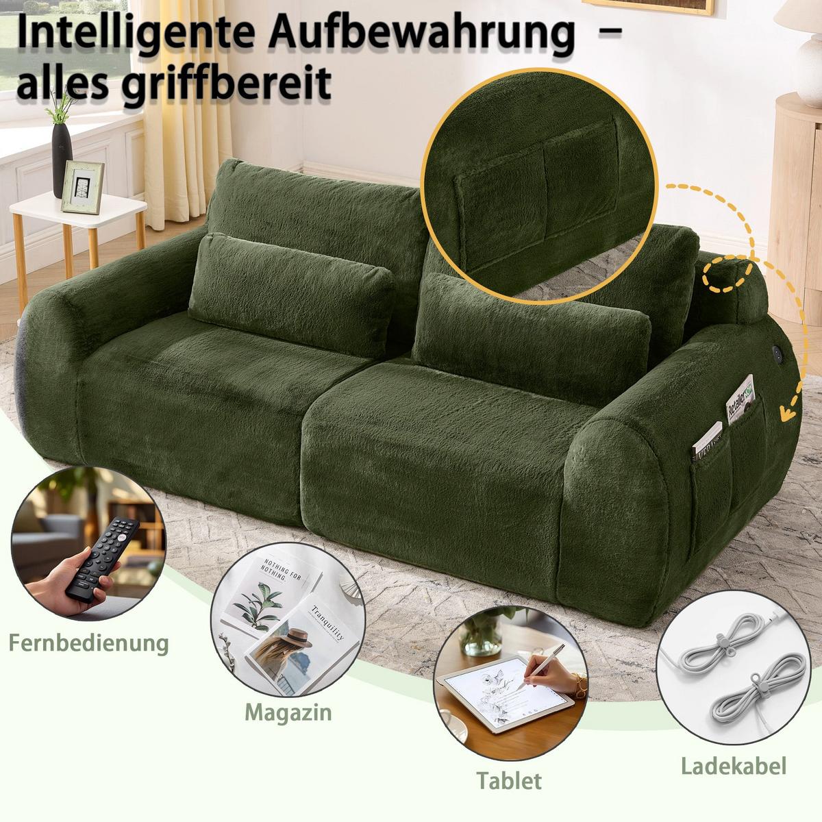 2-SITZER SOFA in Grün aus Kunstfell mit USB-Anschluss & Magazintasche - Grün, Textil (101/81/208cm) - Urban Meuble