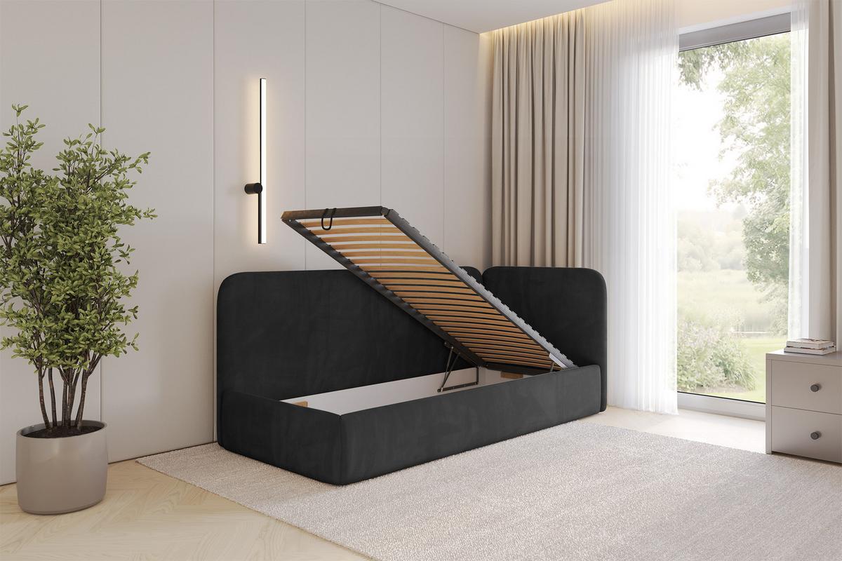EINZELLBETT Jugendbett mit Bettkasten und Matratze H3/H4, Links - ELSY 80x200 Schwarz - Schwarz, Holzwerkstoff/Textil (80/200cm) - ALTDECOR
