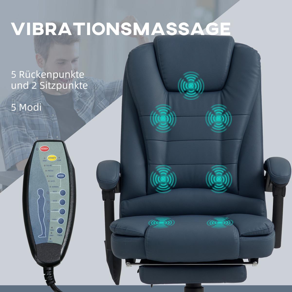 CHEFSESSEL mit 7 Punkt Massage, ergonomischer Chefsessel mit Liegefunktion - Blau/Schwarz, Kunststoff/Metall (67/121/67cm) - Vinsetto