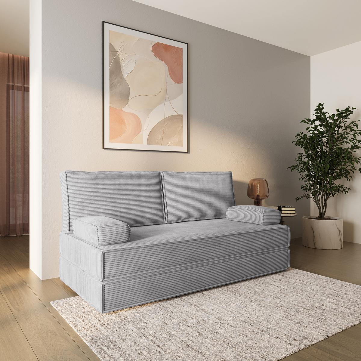 BETTSOFA SILAR aus Schaumstoff Cordstoff Hellgrau Schlaffunktion - Hellgrau, Textil (170/86/80cm) - MASSENO