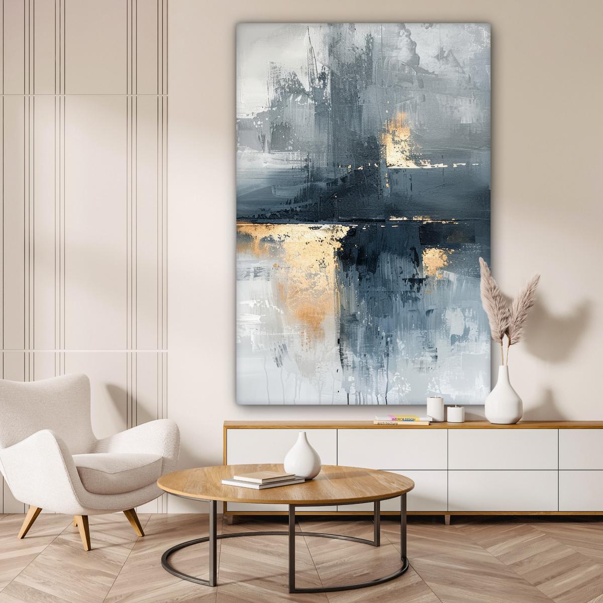 LEINWANDBILD Kunst - Grau - Gold - Abstrakt Deko Groß 90x140 cm - Dunkelgrau, Textil (90/140cm) - MuchoWow