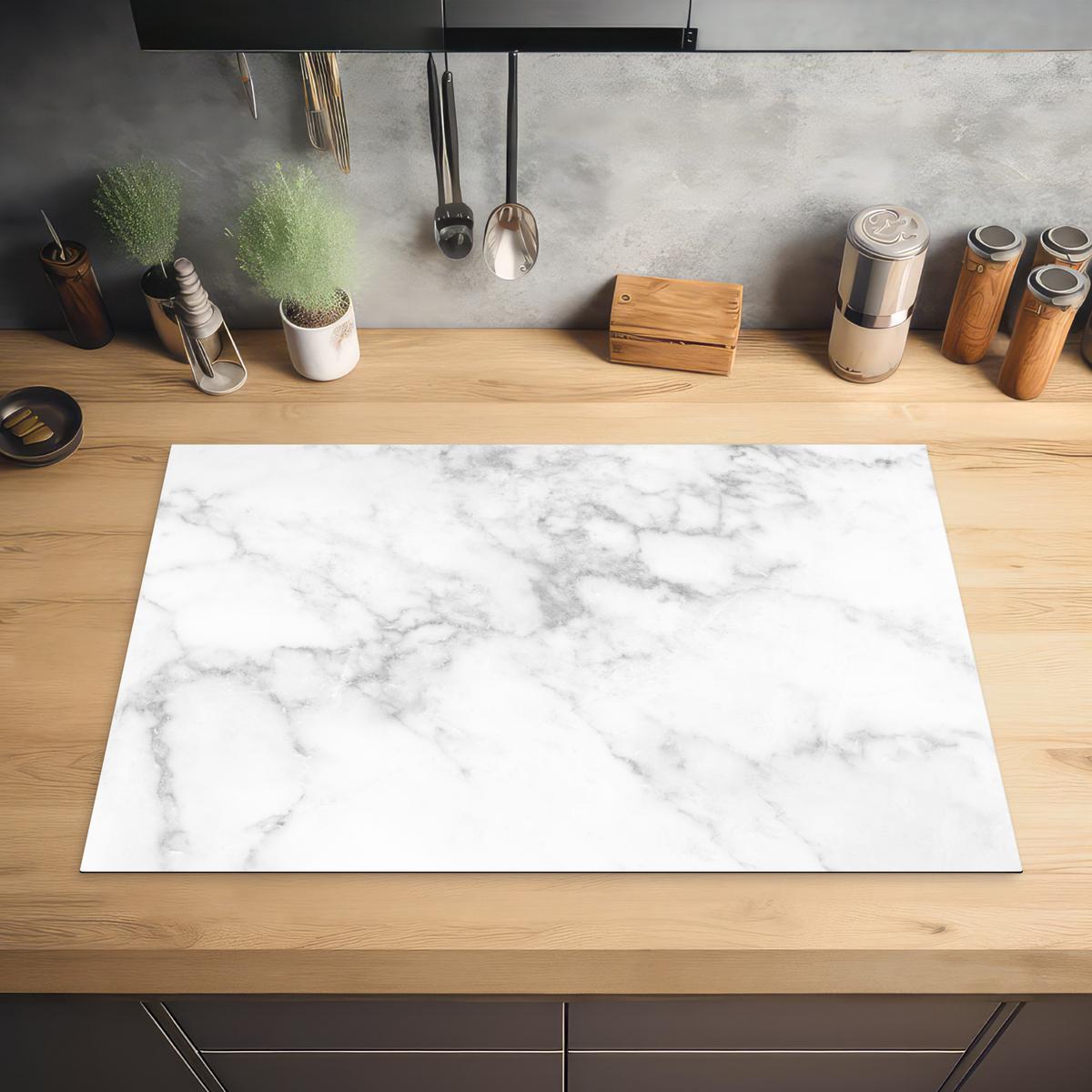 HERDABDECKPLATTE Marmor - Grau - Weiß - Strukturierter Marmor Abdeckung Ceranfeld 81.2x52 cm - Weiß, Kunststoff (81.2/52/0.2cm) - MuchoWow