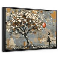 LEINWAND Bilder mit Rahmen - Baum - Graffiti - Banksy-Stil - Ballon-Mädchen - 30x20 - Blaugrau, Textil (30/20cm) - MuchoWow