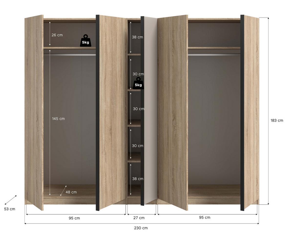 KLEIDERSCHRANK Eiche Sonoma, Kaschmir 5-türig 230 x 183 cm, Drehtürenschrank mit viel Stauraum - Kaschmir/Eichefarben, Holzwerkstoff/Kunststoff (230/183/53cm) - Inn.Furn