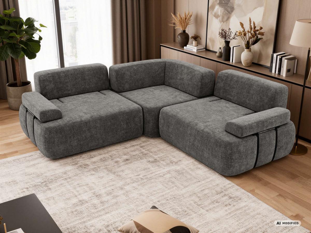 ECKSOFA MIREO L - Dunkelgrau Schenille grob gewebt - Dunkelgrau/Schwarz, Kunststoff/Textil (257/257cm) - MKS
