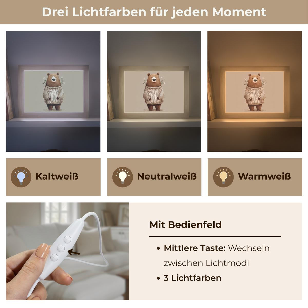 WANDLEUCHTE Bär - Weiße Blumen - Gemütlich 20x15 cm - Taupe, Holzwerkstoff (20/15/8cm) - OnlyWow