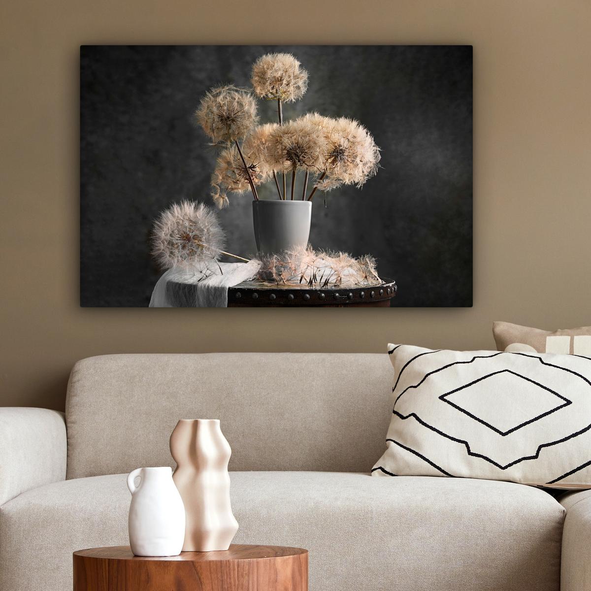 LEINWANDBILD Blumensamen - Löwenzahn - Vase - Stilleben - Blumenstrauß Wanddeko 90x60 cm - Dunkelgrau, Textil (90/60cm) - MuchoWow