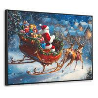 LEINWAND Bilder mit Rahmen - Weihnachtsmann - Rentier - Weihnachten - Schnee - 80x60 - Cognac, Textil (80/60cm) - MuchoWow