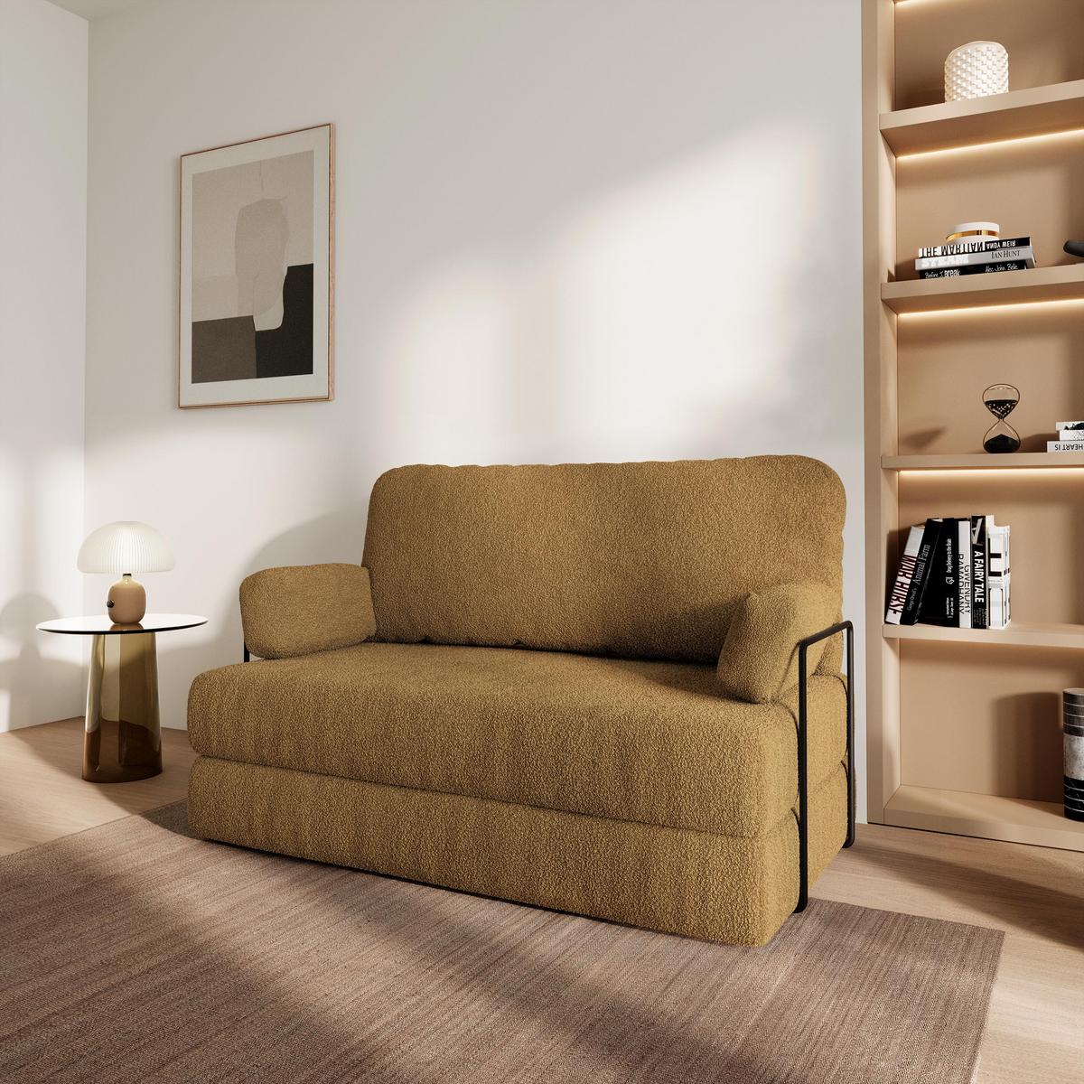 BETTSOFA KESTE aus Schaumstoff Bucle-Stoff Orange Schlaffunktion - Gelb, Textil (140/86/60cm) - MASSENO
