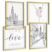 BILDER SET 4er Set - 50x50 cm & 40x60 cm Goldrahmen - Stilvolle Grafik, Ballerina-Architektur - Goldfarben, Kunststoff (50/50cm) - TULUP