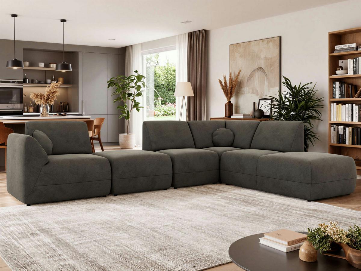 ECKSOFA NOARA 6M L Dunkelgrau Velvet - Rechts - Dunkelgrau/Schwarz, Kunststoff/Textil (355/244cm) - MKS