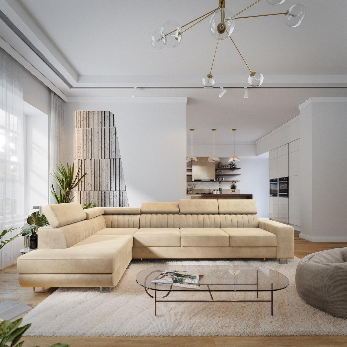 ECKSOFA HESTION Creme Velours-Stoff mit Schlaffunktion - Creme, Holz (332/190cm) - MASSENO