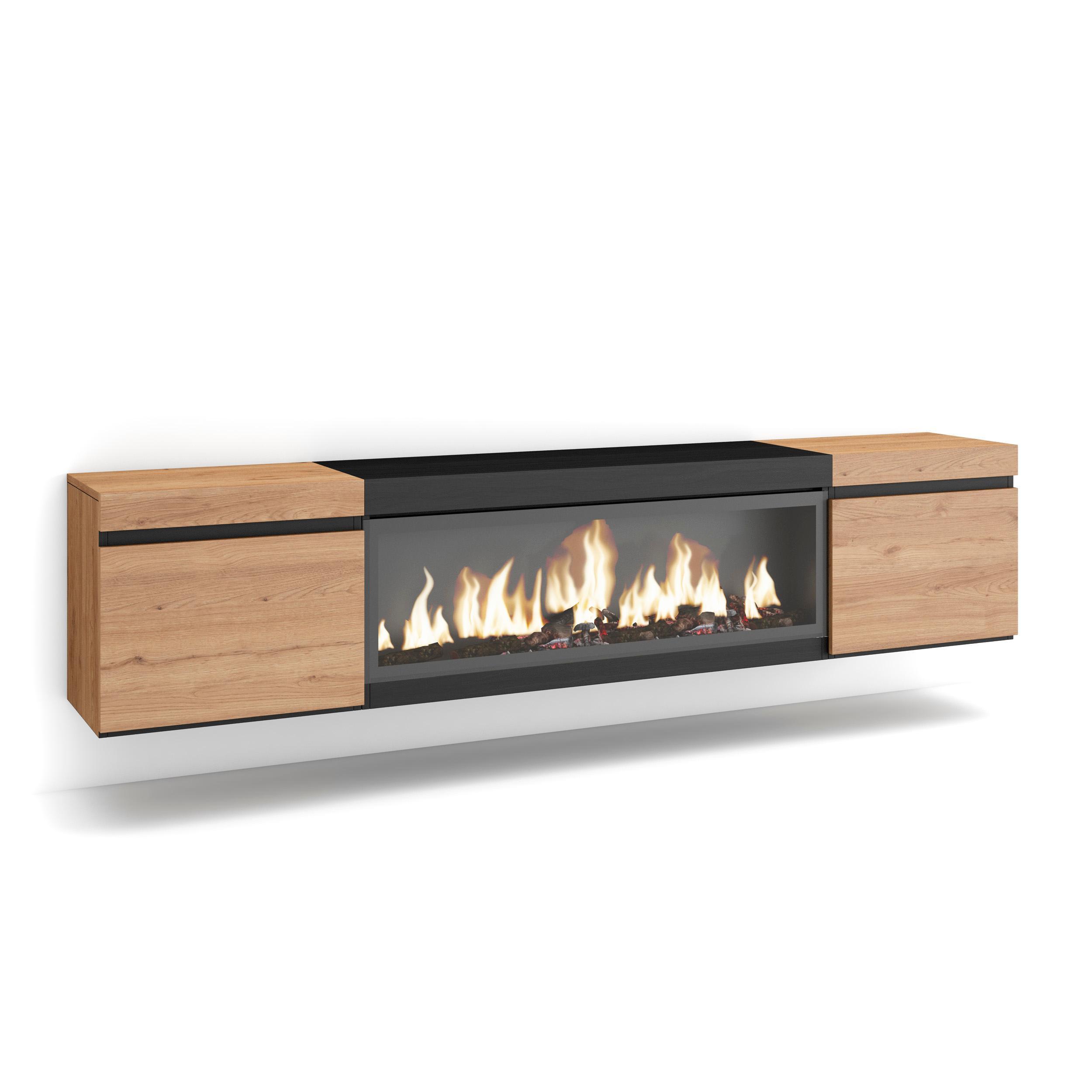 LOWBOARD, Tv-Schrank mit Elektrokamin XXL, Hängend, Eiche, Schwarz, 208/35/45cm - Eichefarben/Multicolor, Holzwerkstoff (208/45/35cm) - Skraut Home