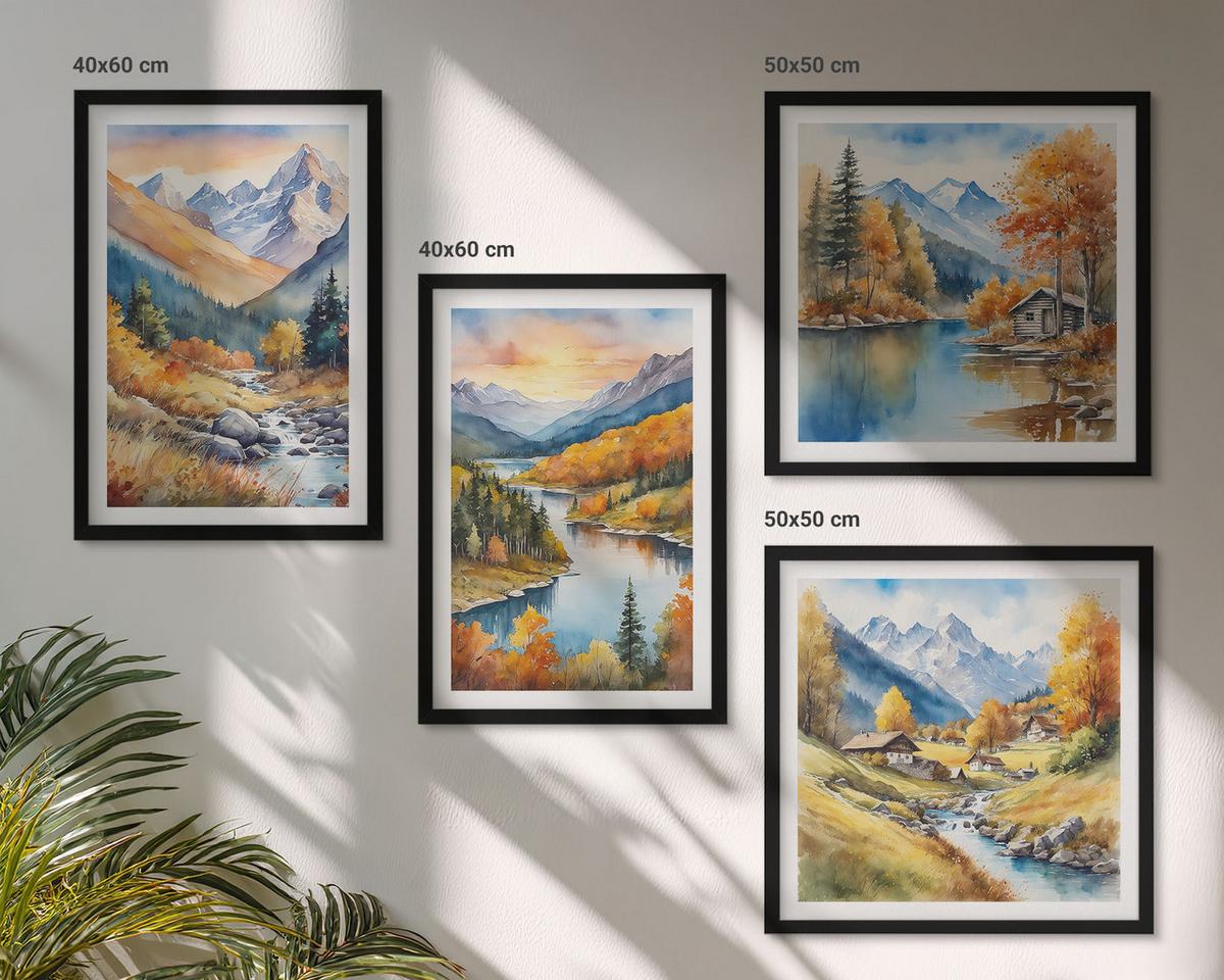 BILDER SET 4er Set - 50x50 cm & 40x60 cm Schwarzer Rahmen - Berglandschaft mit einem Fluss - Schwarz, Kunststoff (50/50cm) - TULUP