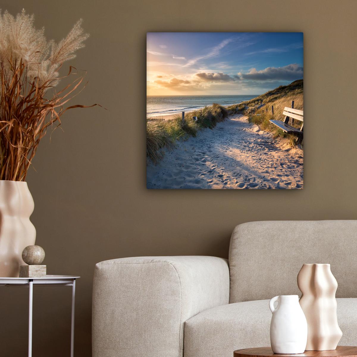 LEINWANDBILD Sonnenuntergang - Strand - Düne - Gras - Ufer Wandbild Wohnzimmer 50x50 cm - Sandfarben, Textil (50/50cm) - MuchoWow