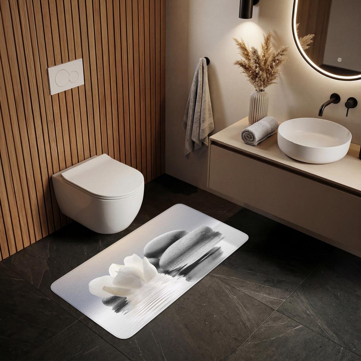 WC-VORLEGER Steine - Lotus - Weiß - Wasser - Zen WC Teppich 120x60 cm - Weiß, Textil (120/1cm) - OnlyWow
